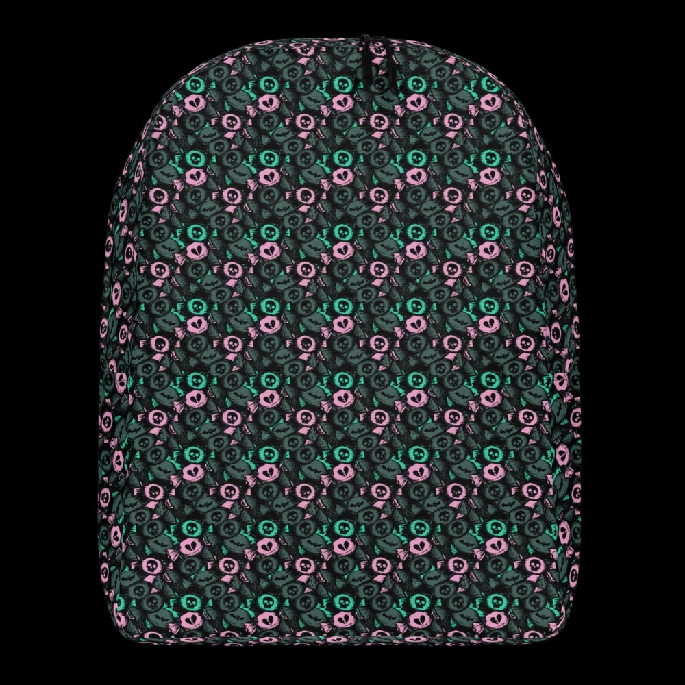 a backpack with an alt emo skull candy pattern in grey mint and pink