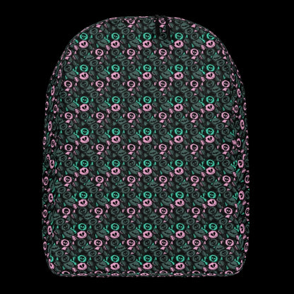 a backpack with an alt emo skull candy pattern in grey mint and pink