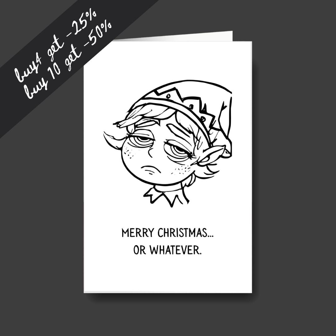 a tired elf sad Christmas greeting card