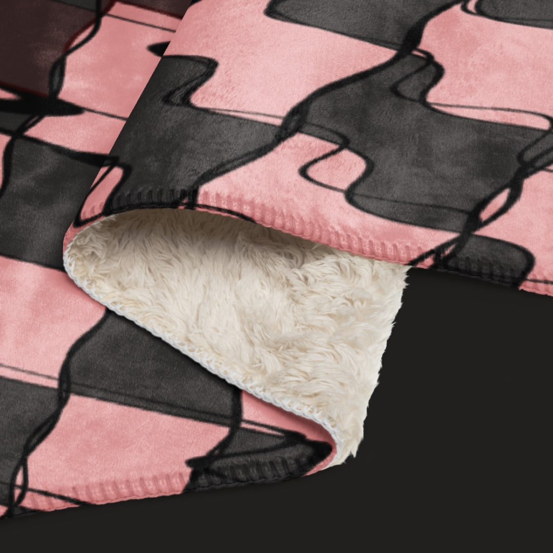 Distorted heart sherpa blanket with warped pink and black checker pattern, oversized emo aesthetic cozy throw