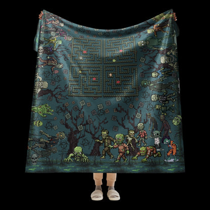 A large sherpa lined blanket featuring a zombie invasion and a maze for finding brains for the zombies