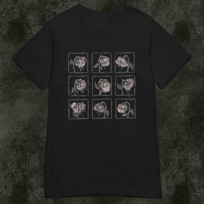 a black Gildan 64000L semi fitted women's tee with a grid of crying wilting flowers with soft pink details