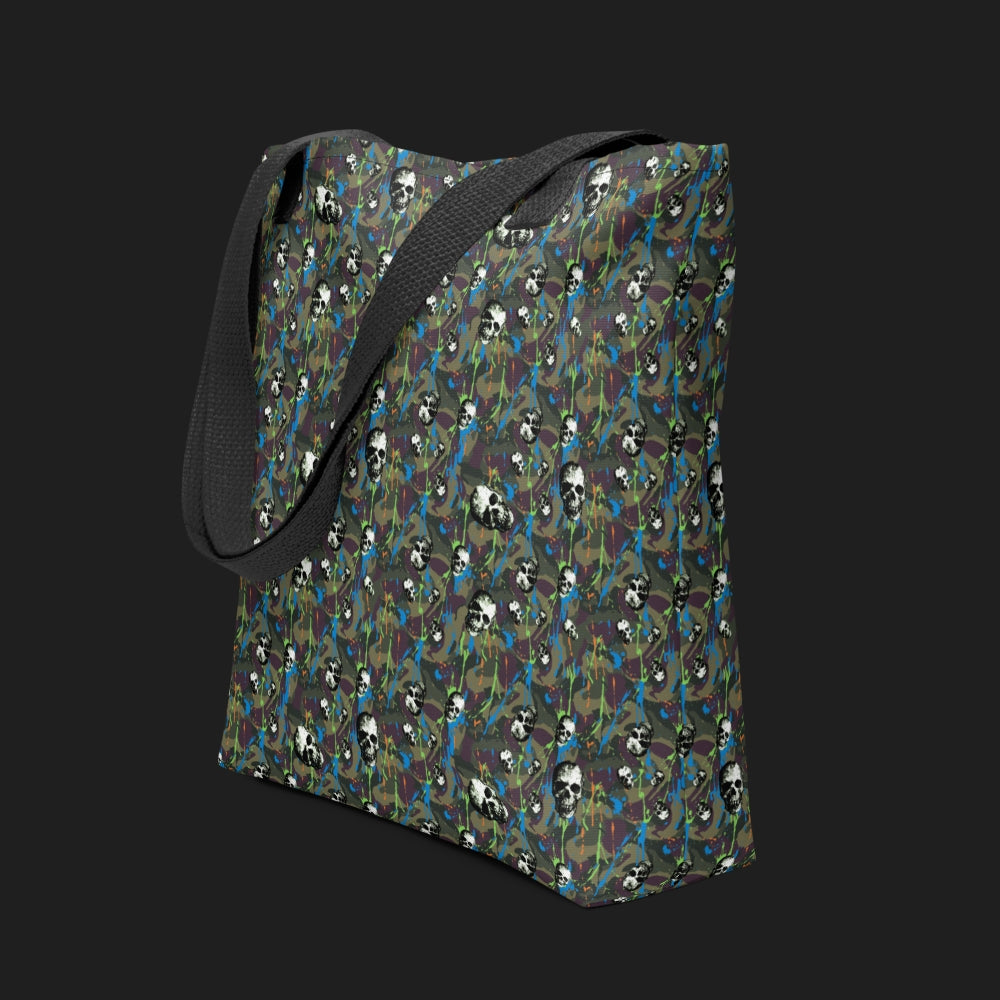 Tote bag with a rebellious camo background, gritty skulls, and neon splatter