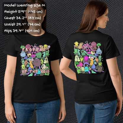 Person wearing a black t-shirt with colorful monster design and text "property of the void", and on the back side their backs