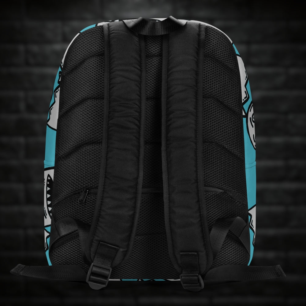 A backpack with large grey grinning goblins on skye blue background