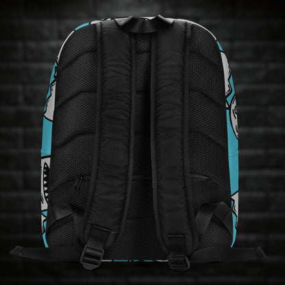 A backpack with large grey grinning goblins on skye blue background