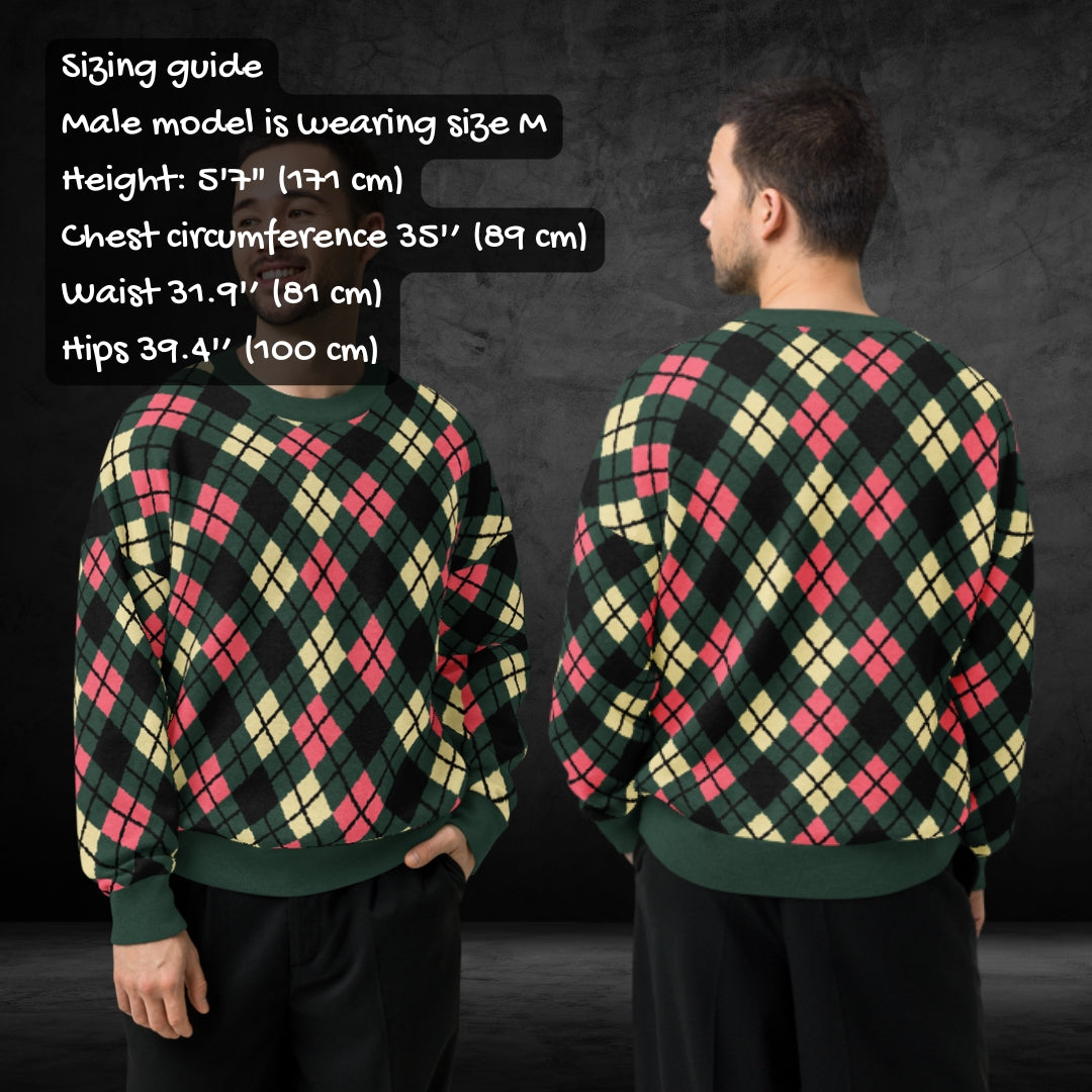 Two people wearing a pine green and pink argyle sweater with measurements displayed.