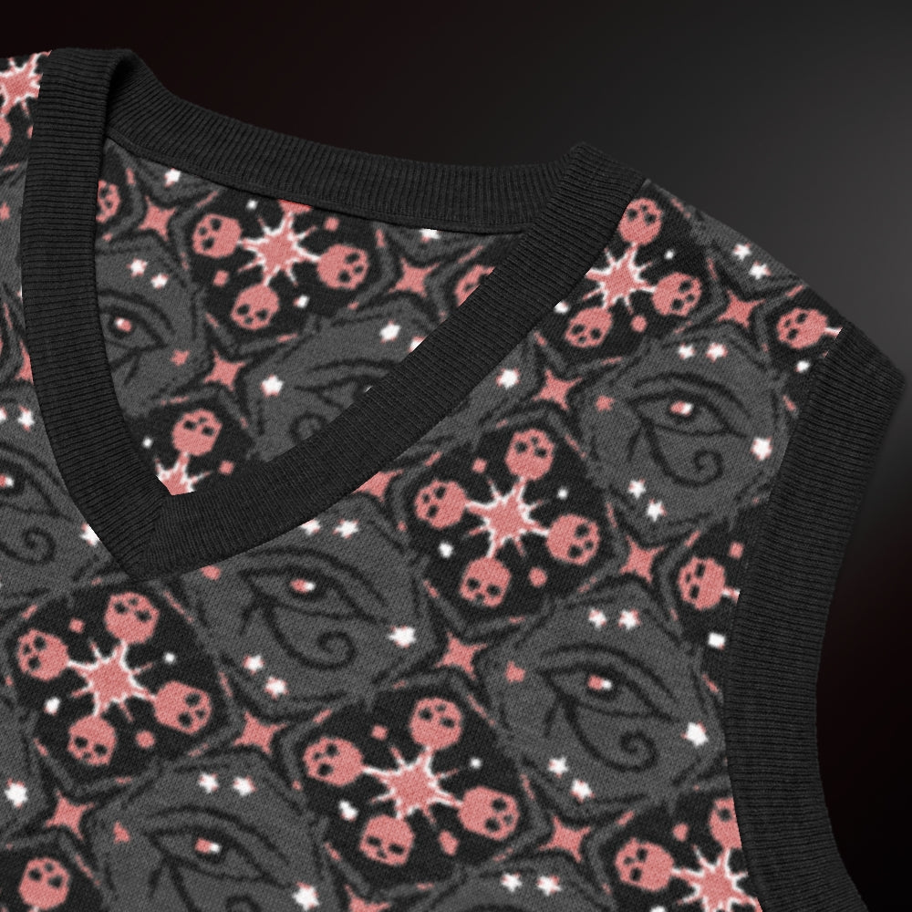A knit vest with a mysterious eye and skulls pattern in charcoal and pink