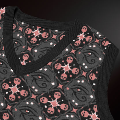 A knit vest with a mysterious eye and skulls pattern in charcoal and pink