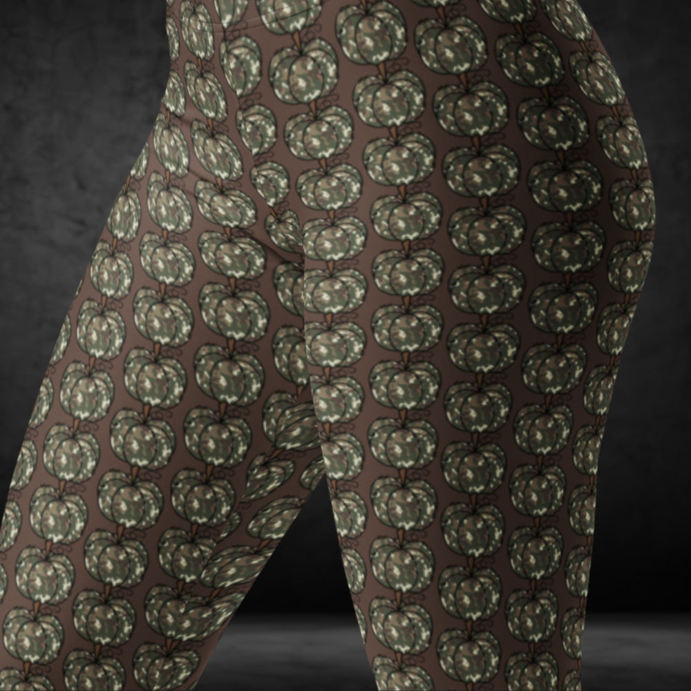 leggings with camouflage colored pumpkins on brown background