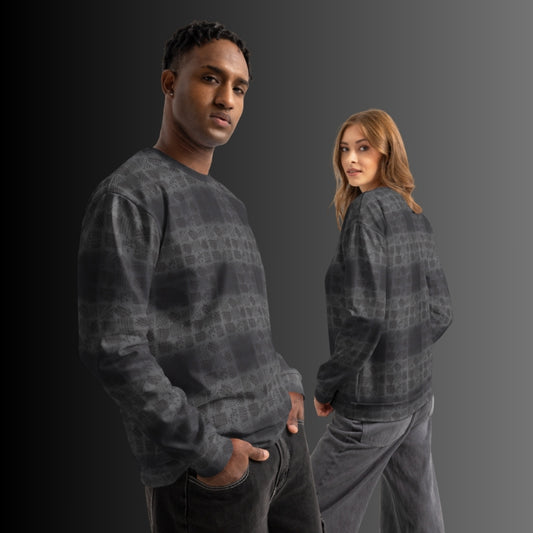 People wearing dark grey sweaters with a soft plaid and hand drawn pattern