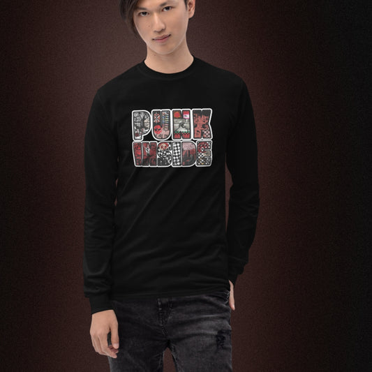 Person wearing a Gildan 2400 black long sleeve tee with text PUNK INSIDE as large letters filled  with punk symbols collage