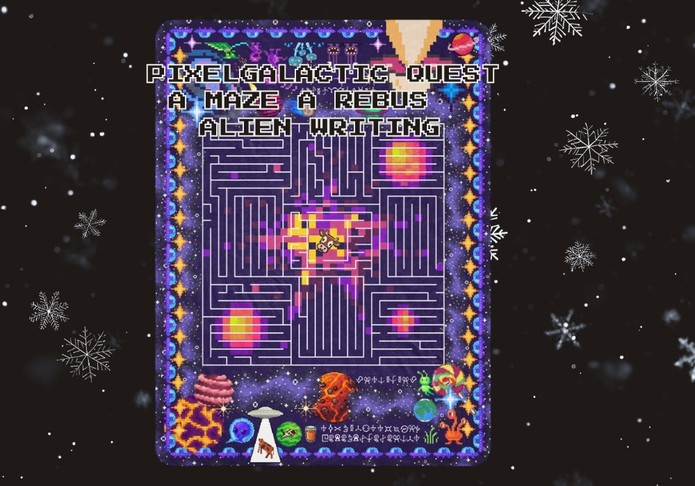 a large pixel space theme sherpa blanket with a maze, a rebus and alien writing