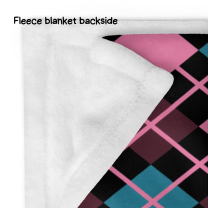 Fleece blanket with plaid pattern on one side and white fabric on the other, labeled 'Fleece blanket backside'.