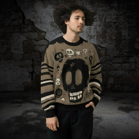 Person wearing a knitted sweater with skull designs against a dark stone wall.
