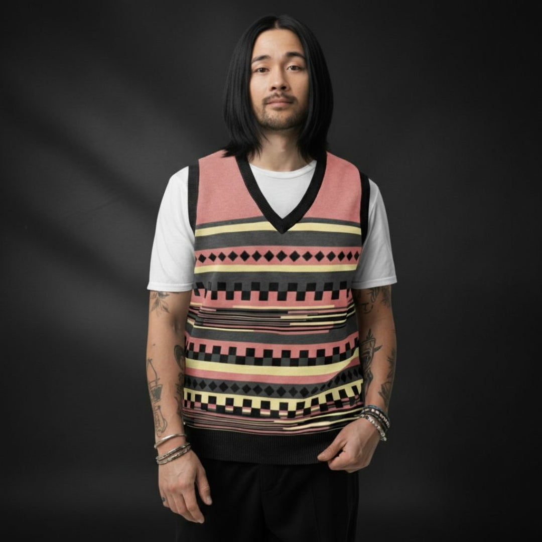 Person wearing an alt style knitted vest with an irregular unexpected pattern and cool color combination