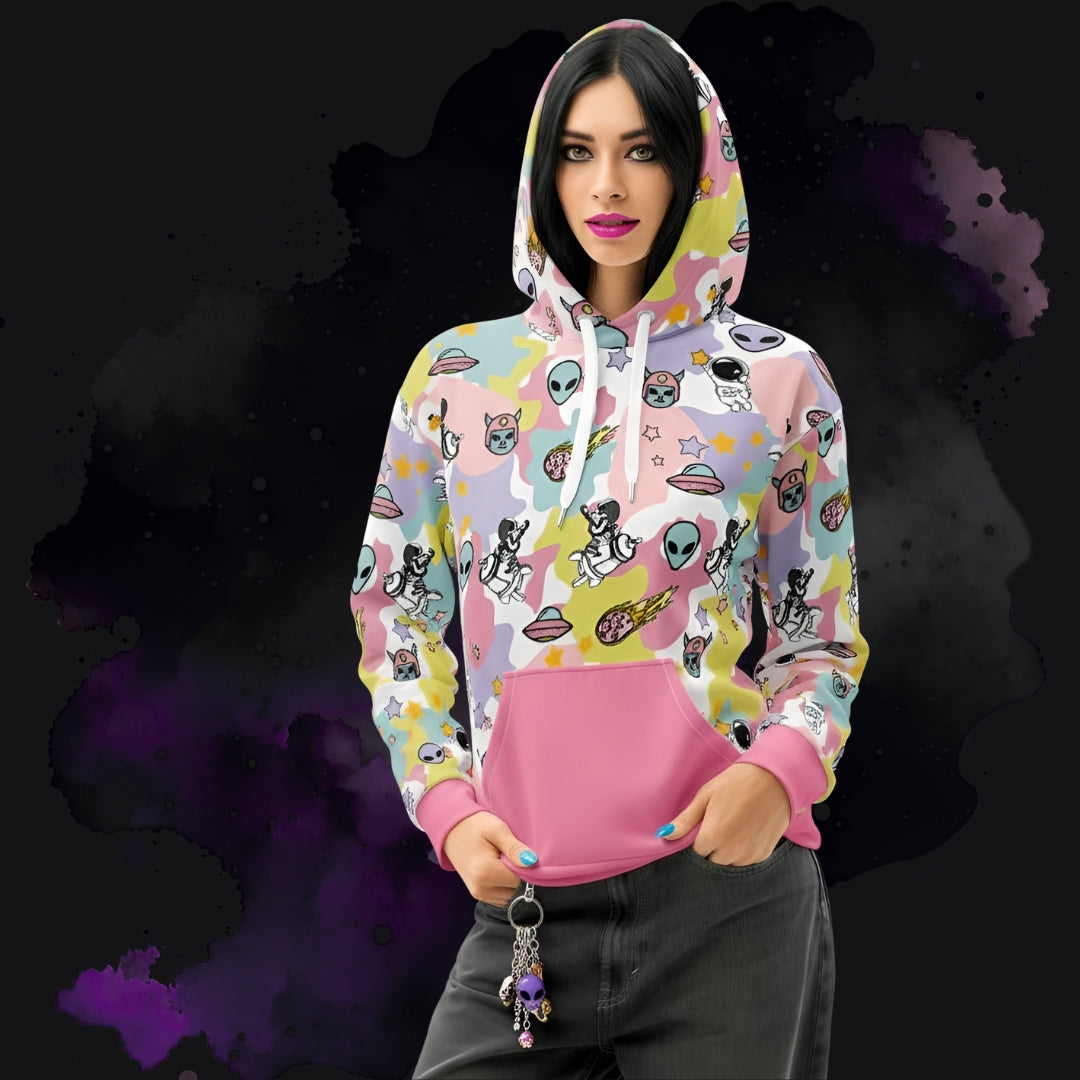Person wearing a colorful ice cream cosmos hoodie in maximalist y2k revival spacecore style.