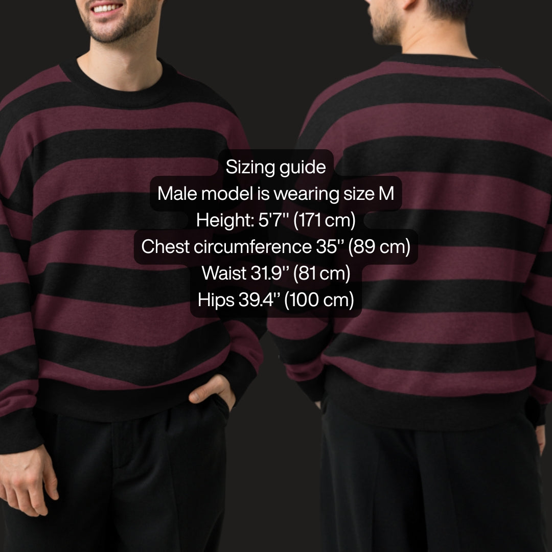 Size guide for a grunge striped sweater with wide black and dark stripes
