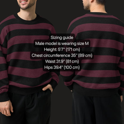 Size guide for a grunge striped sweater with wide black and dark stripes