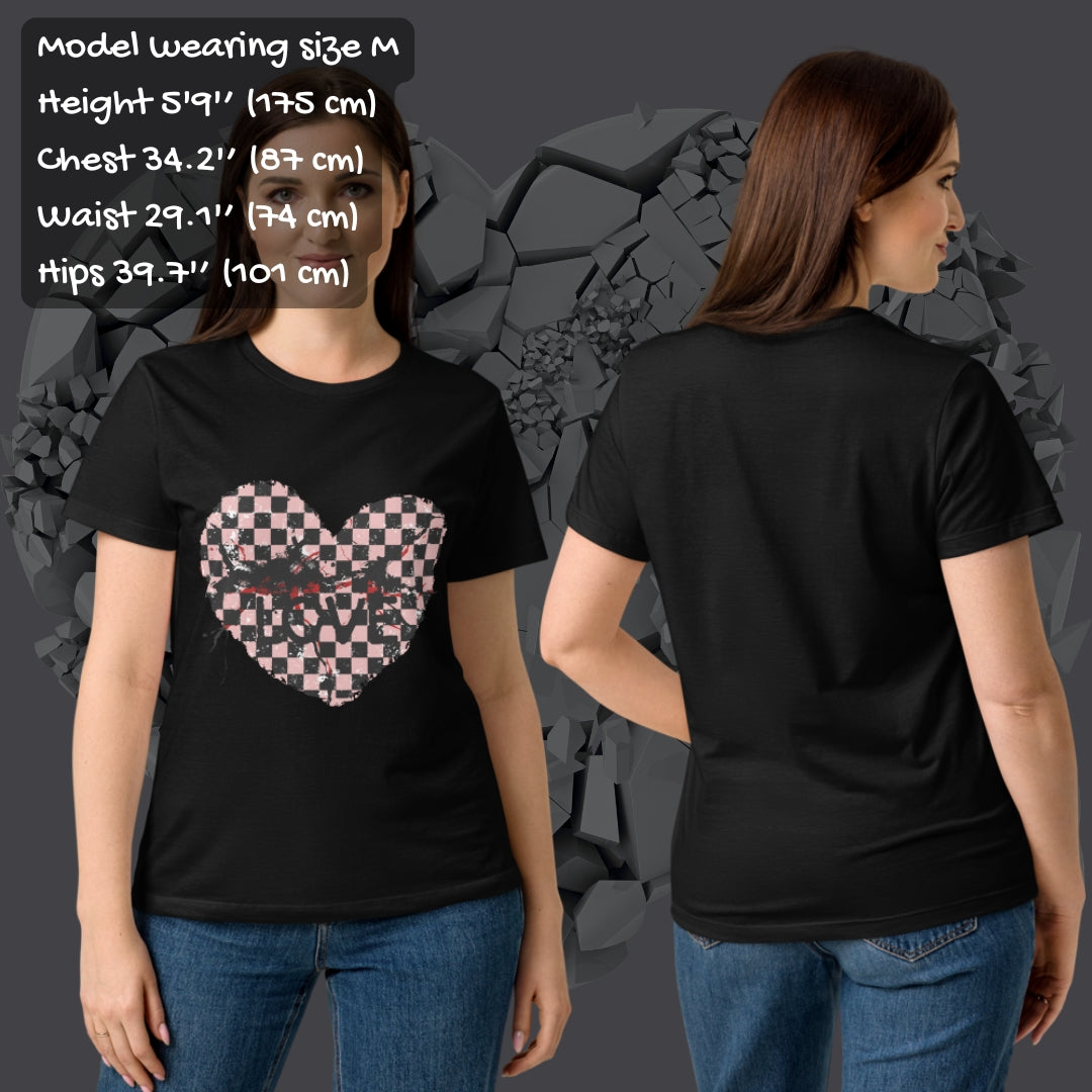Size guide for a gildan 64000L graphic alt t-shirt with an emo style cracked distressed checkered heart