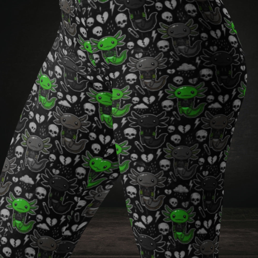 leggings with grey and green emo axolotls.