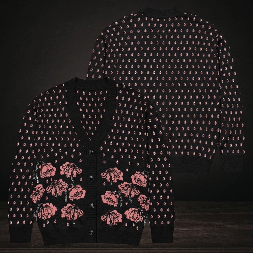 An emotional black knitted cardigan with tears and crying flowers