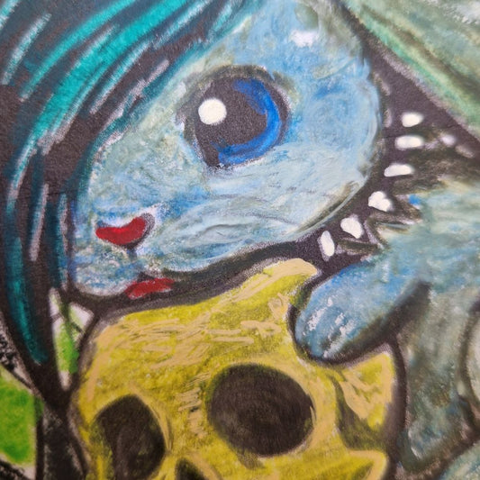 a detail with a bunny holding a skull from the "distorted but still here" distorted checkers emo coloring book 