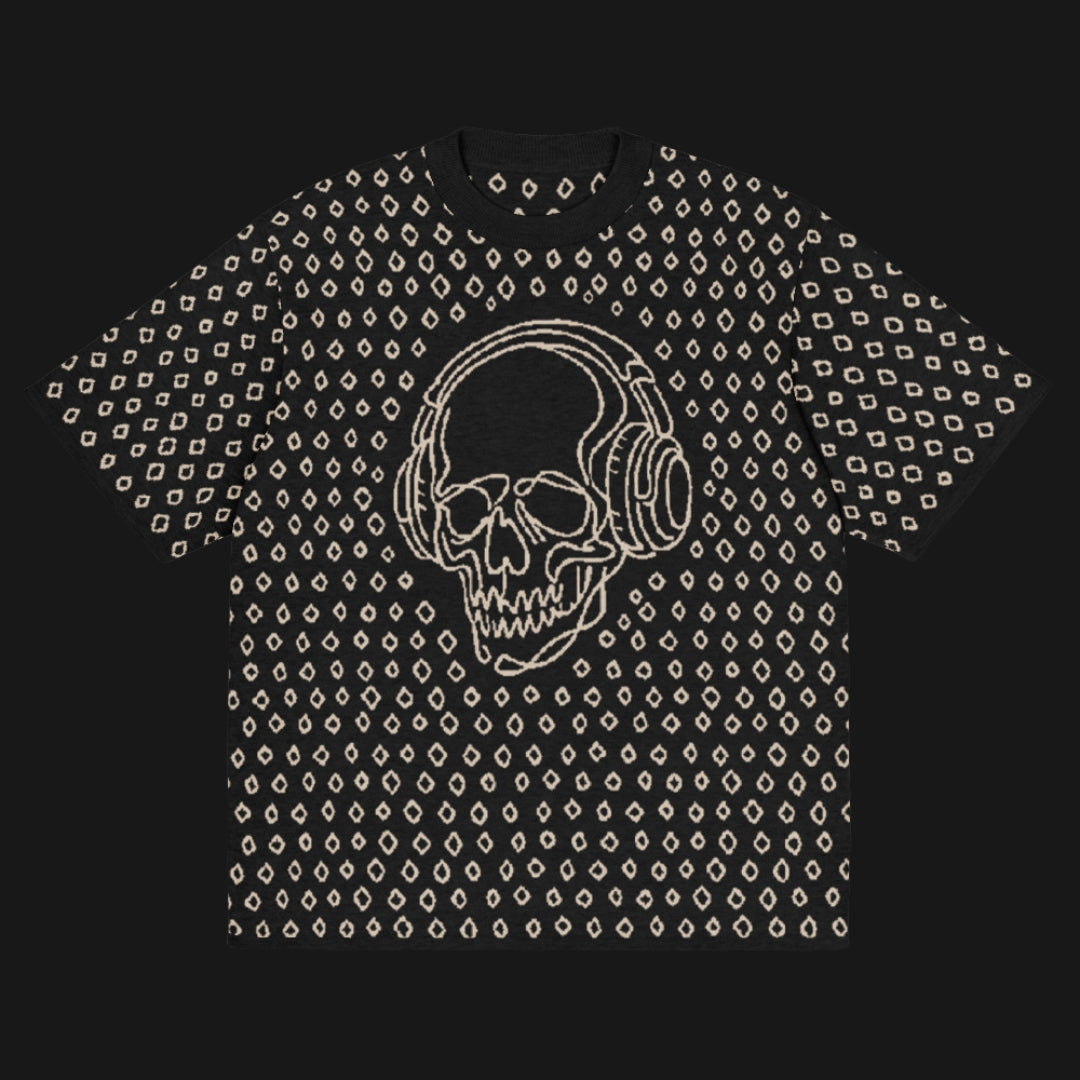 A black short sleeve knit featuring a line art skull with headphones and hand drawn diamonds