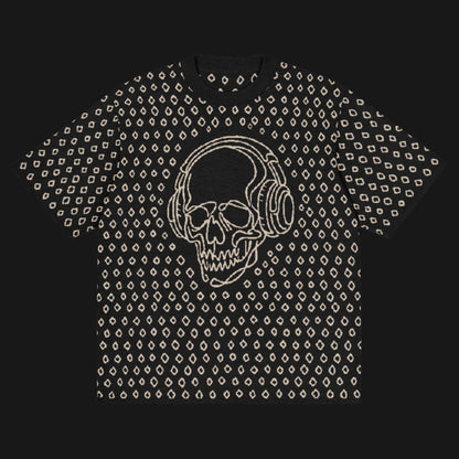 A black short sleeve knit featuring a line art skull with headphones and hand drawn diamonds