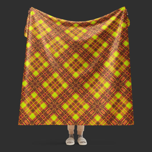 large fleece sherpa blanket with a distressed plaid pattern in yellow and rusty pink