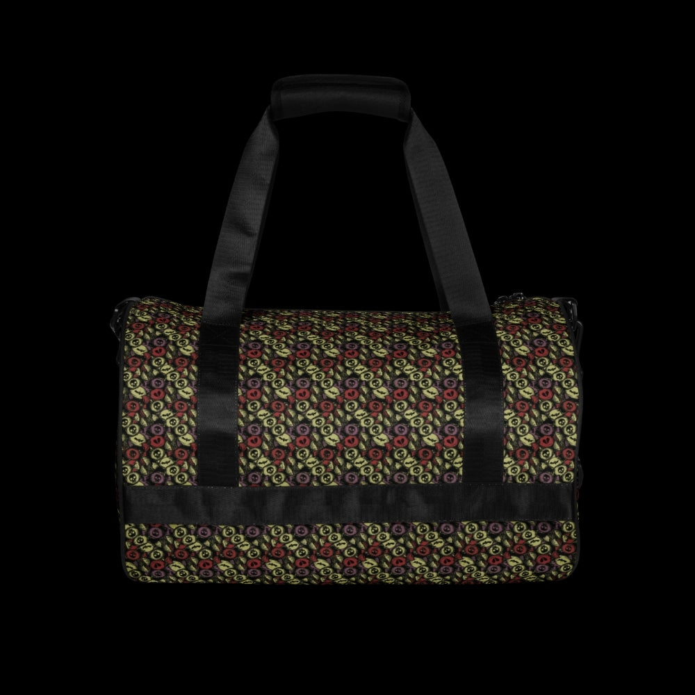 Duffel bag with a skull candy pattern in khaki purple and red shades