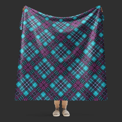 large fleece sherpa blanket with a distressed plaid pattern in electric blue and purple