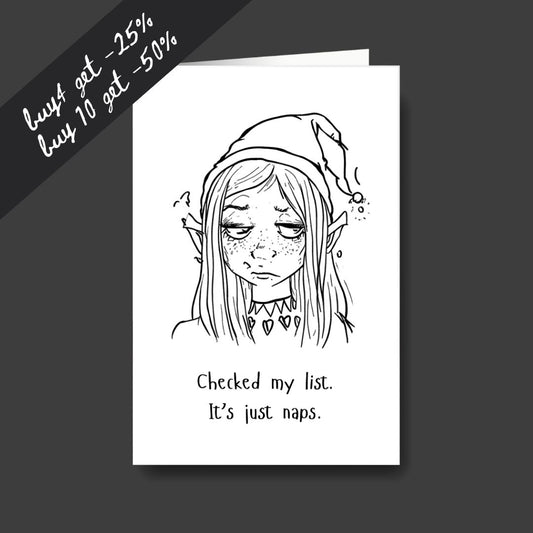 a tired elf sad Christmas greeting card