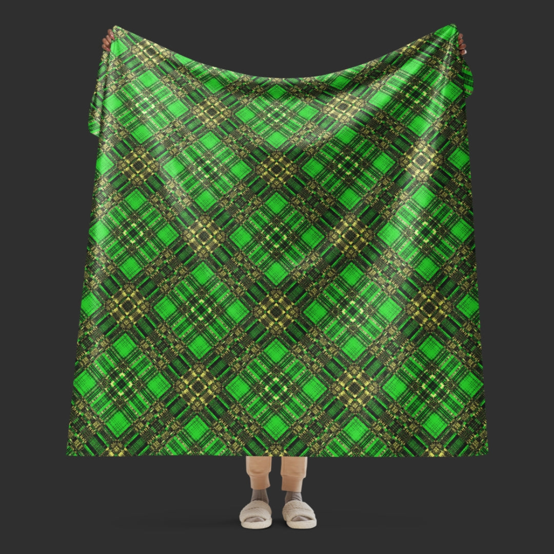 large fleece sherpa blanket with a distressed plaid pattern in lime green and yellow