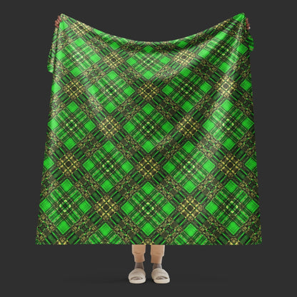 large fleece sherpa blanket with a distressed plaid pattern in lime green and yellow