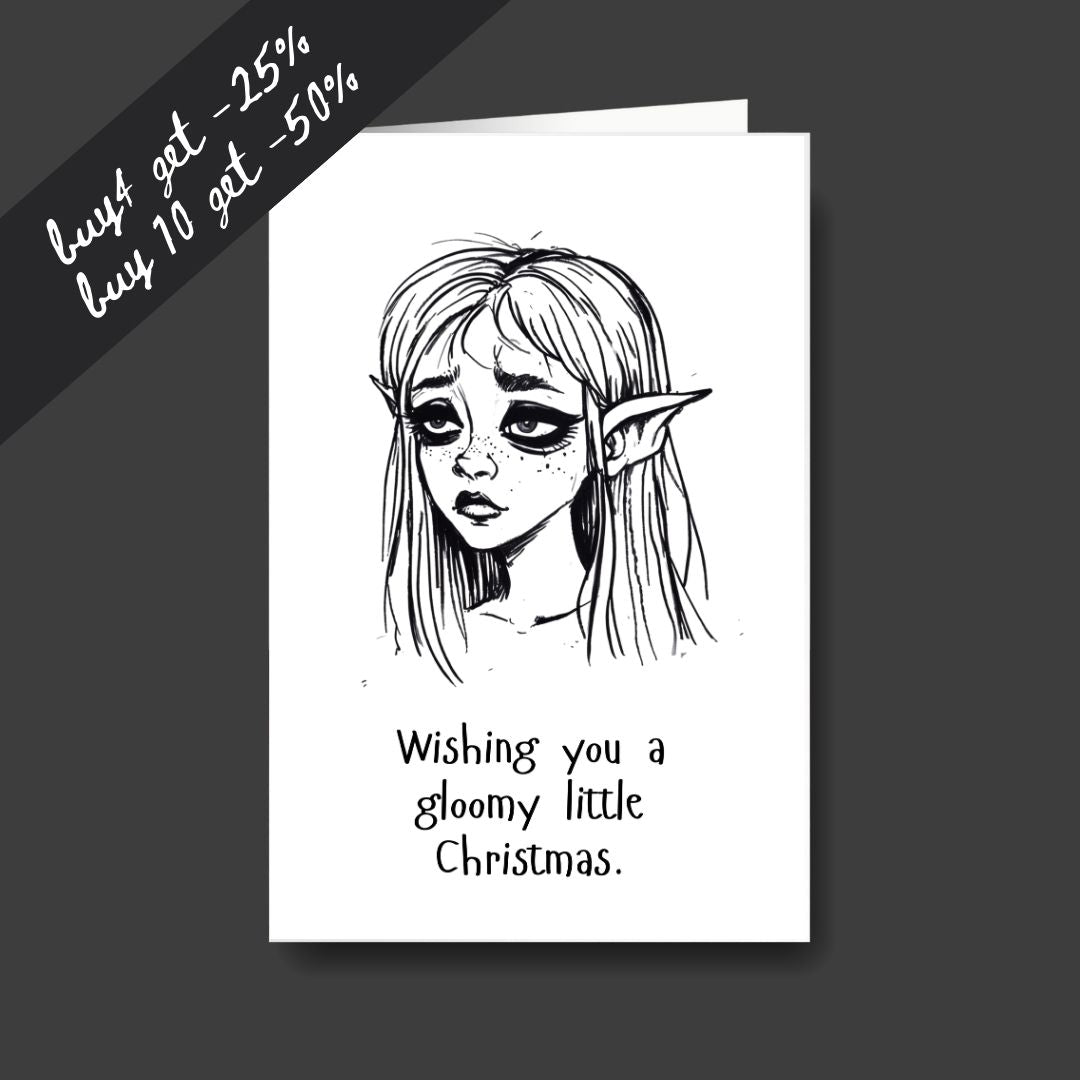a tired elf sad Christmas greeting card