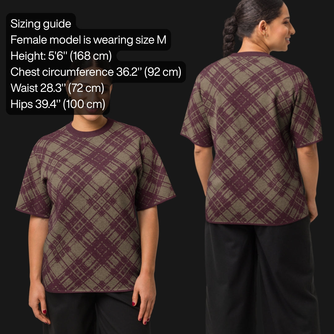 A pink glitched plaid pattern knitted tee