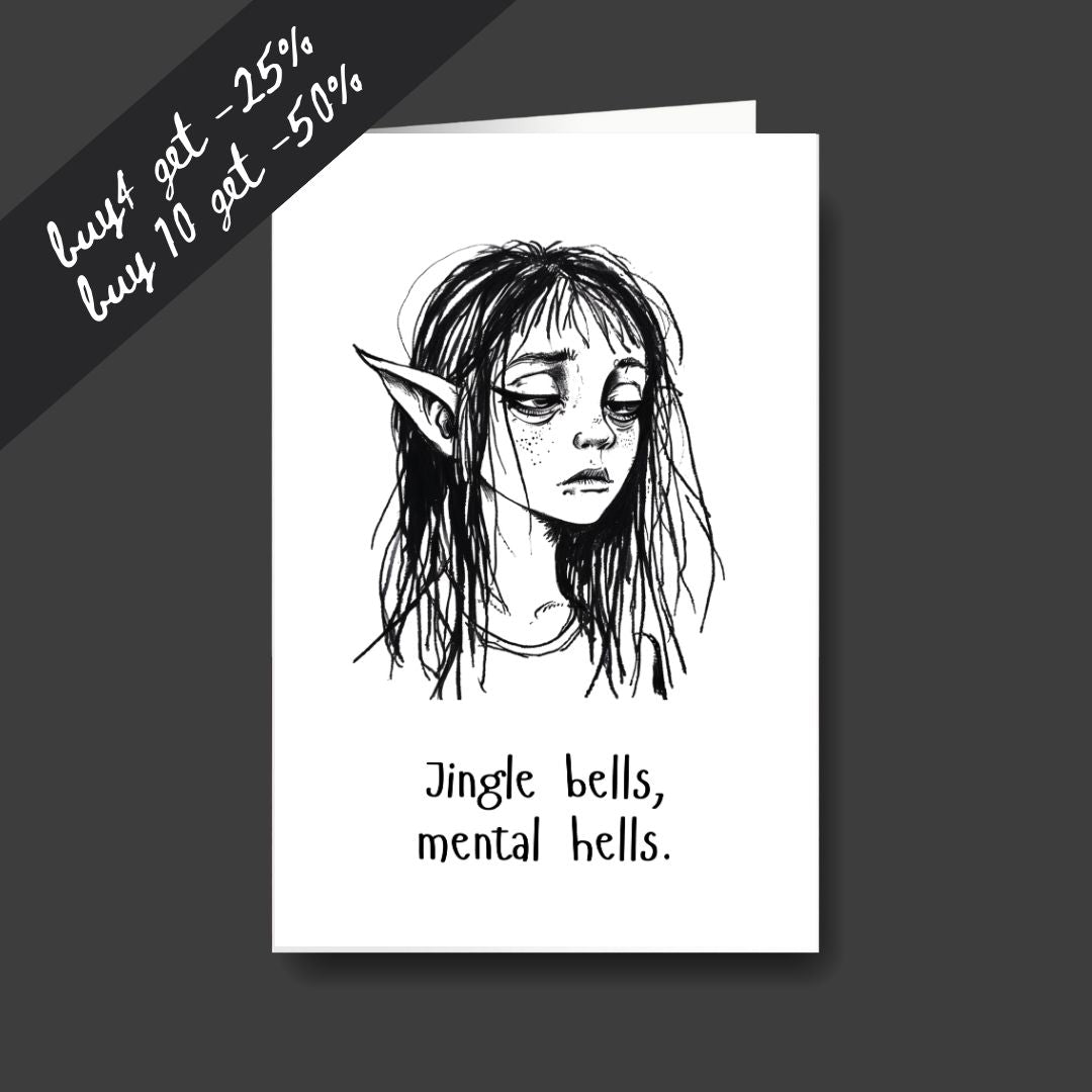 a tired elf sad Christmas greeting card