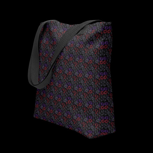 A tote bag with a skull candy pattern in dark grey, purple and red