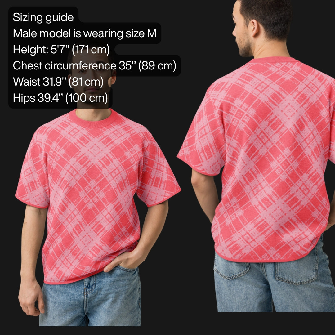 Size guide for a glitched plaid pattern knitted tee