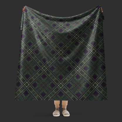 A large fleece sherpa blanket with a distressed plaid pattern in forest witchy shades
