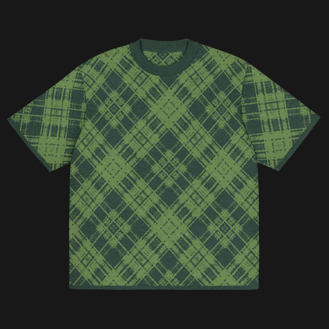 A green glitched plaid pattern knitted tee