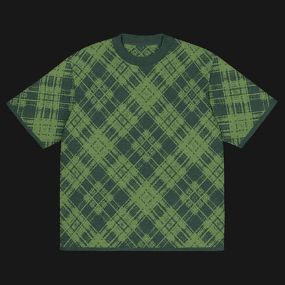 A green glitched plaid pattern knitted tee