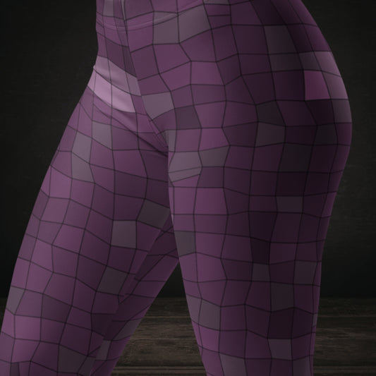 Leggings with an irregular distorted mosaic pattern in purple shades
