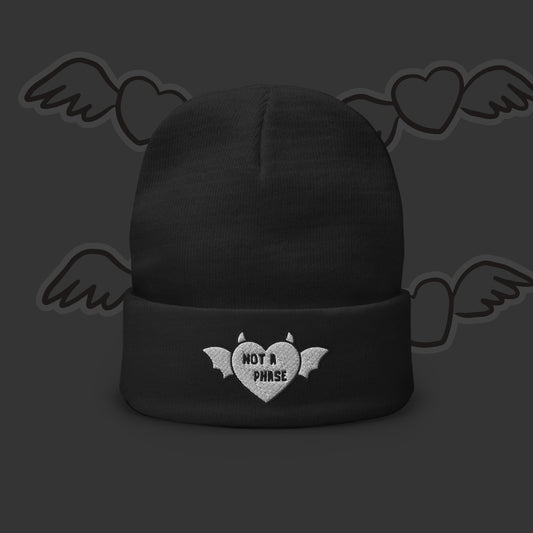 an embroidered beanie with a winged a horned heart and text "not a phase"
