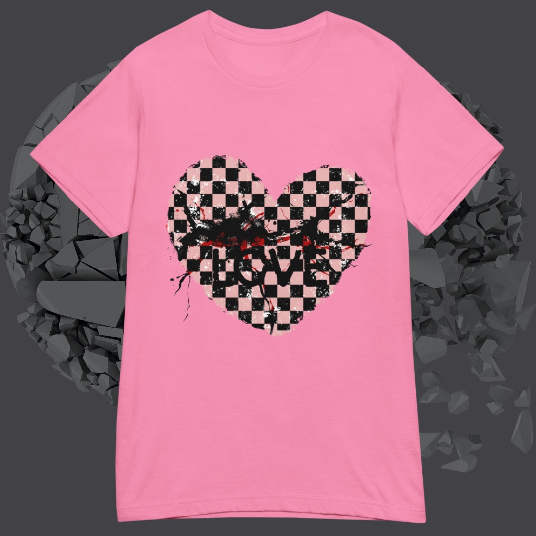 Pink graphic alt t-shirt with an emo style cracked distressed checkered heart
