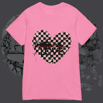 Pink graphic alt t-shirt with an emo style cracked distressed checkered heart