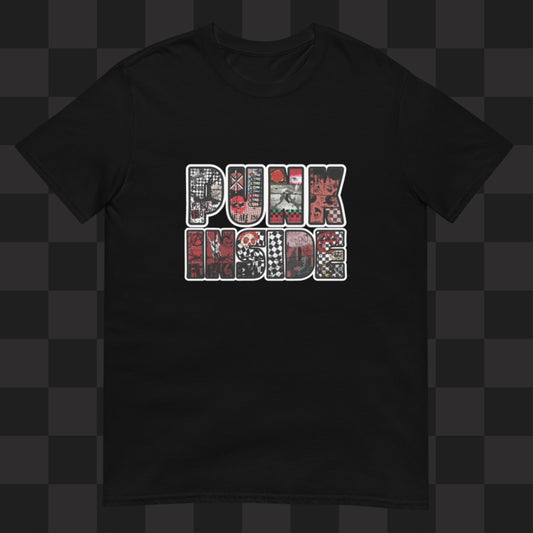 A black tee with large "PUNK INSIDE" text and the letters filled with punk symbols collage 