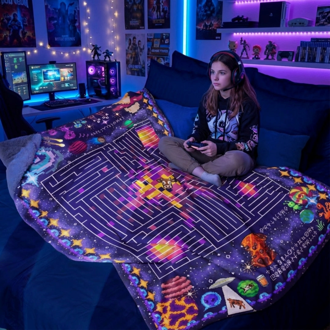 Gamer girl in a gamer's bedroom sitting on a bed with a huge sherpa blanket with pixel art puzzles and space theme