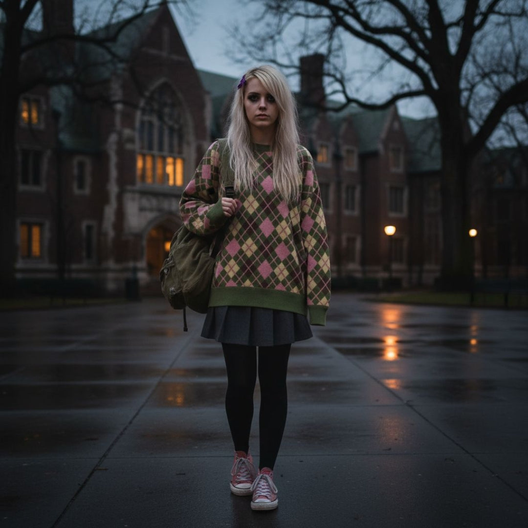 a blonde emo style girl wearing a green and pink argyle pattern sweater 